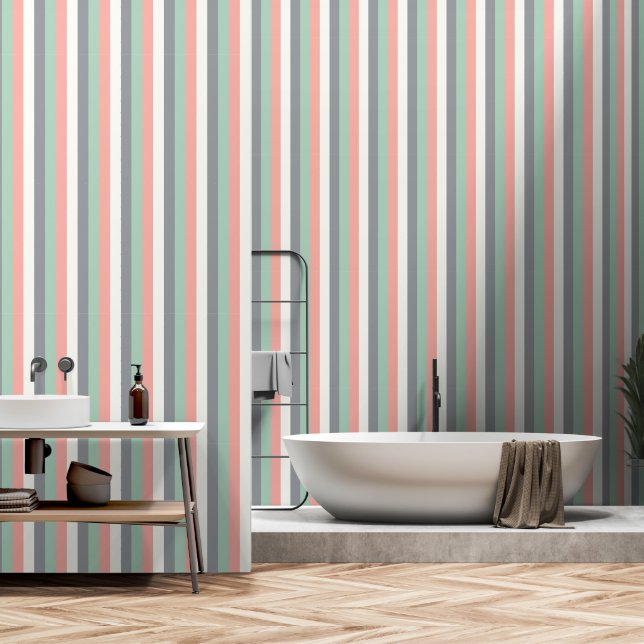 Papel Pintado Rayas verticales Pastel Salmón verde Rosa Blanco (Baño)