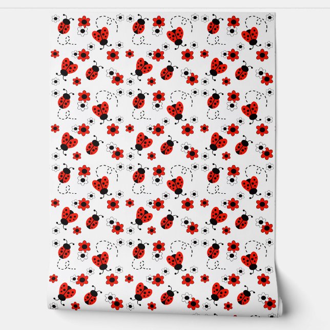 Papel Pintado Red Floral Ladybug Bebé Niña Nursery Niños (Desenrollar)