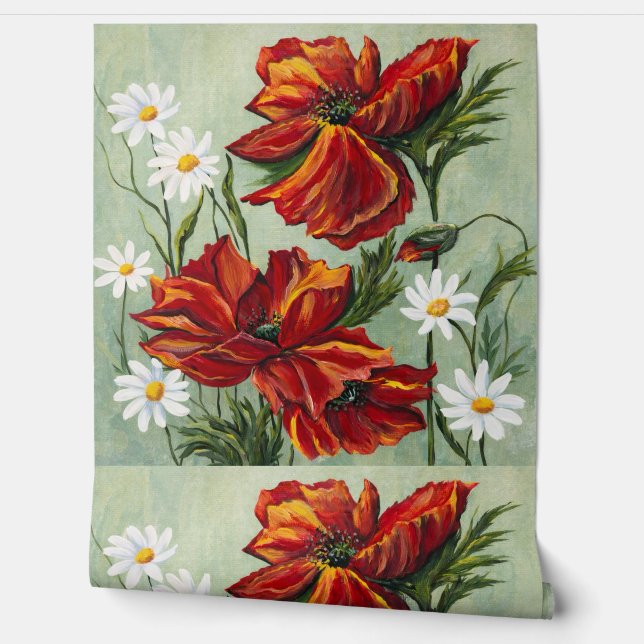 Papel Pintado Red Poppy & Daisy Floral Wallpaper (Desenrollar)