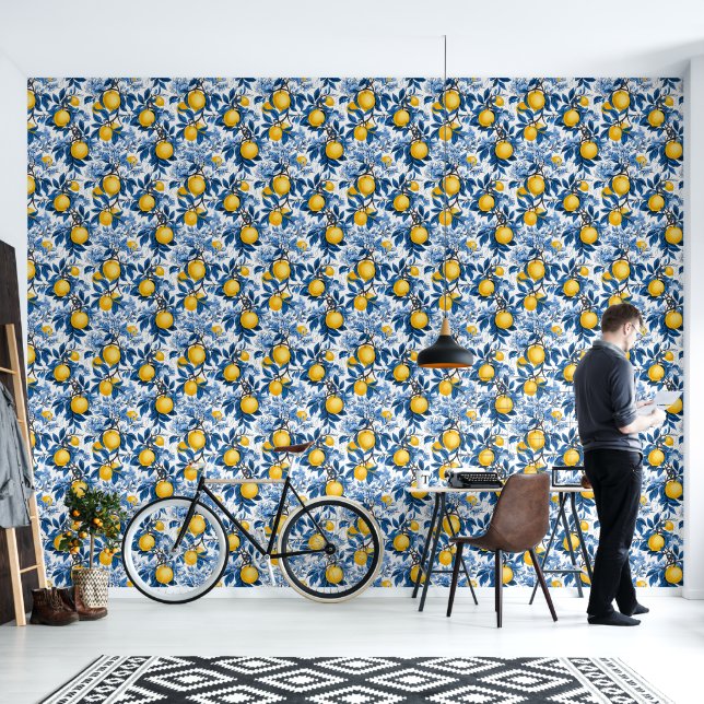 Papel Pintado Refrescante de hojas azules de limón amarillo Peel (Sala de estar)