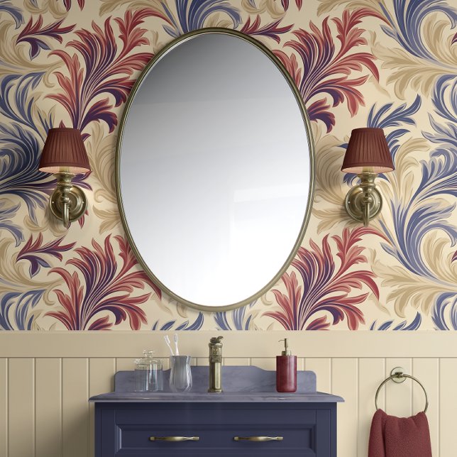 Papel Pintado Regal Flourish Elegance Beige, Borgoña y Azul (Regal Flourish Elegance - Beige, Burgundy, and Blue - Traditional Peel and Stick Wallpaper)