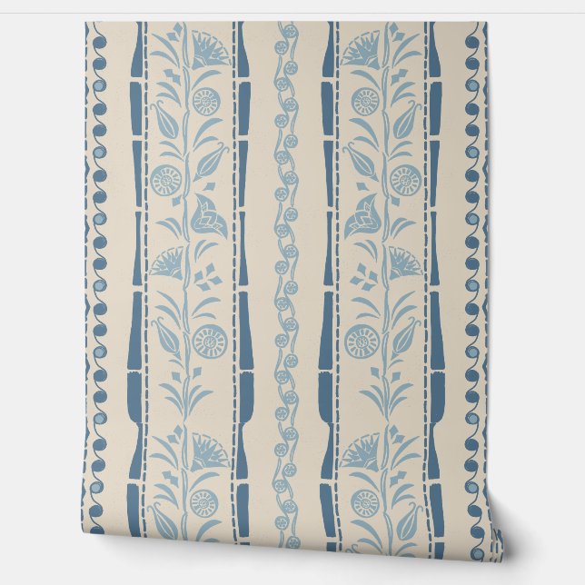 Papel Pintado Regency Floral Stripes - Dusty Blue - cream  (Desenrollar)