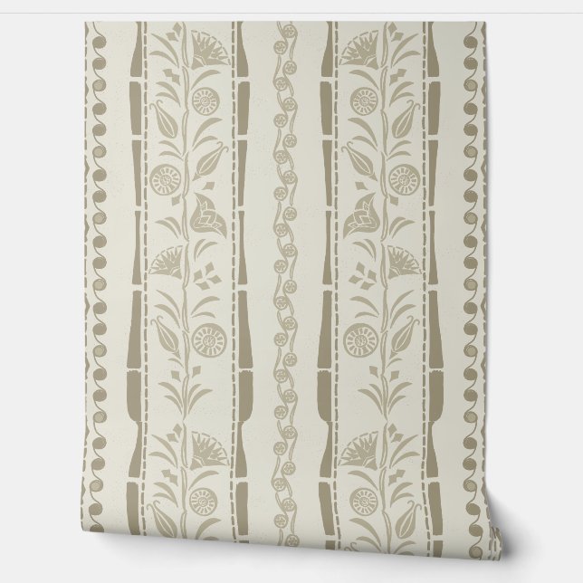 Papel Pintado Regency Floral Stripes - Khaki - Cream (Desenrollar)