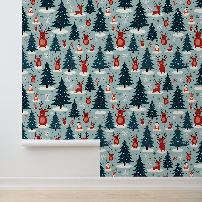 Papel Pintado Renos juguetones y árboles de Navidad nevados (Solicitud)