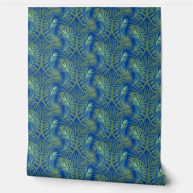 Papel Pintado Repetición de azul verde de hoja tropical (Desenrollar)