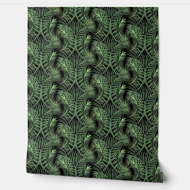 Papel Pintado Repetir Verde Hoja Tropical Negro (Desenrollar)