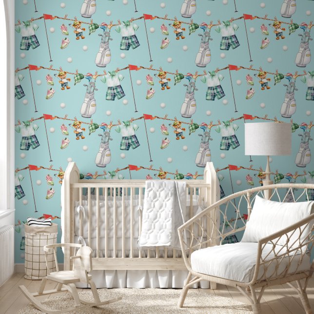 Papel Pintado reppy Little Golfer Clothesline on light blue (Niños)