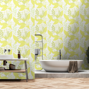 Papel Pintado Resumen botánico verde fresco y exótico amarillo
