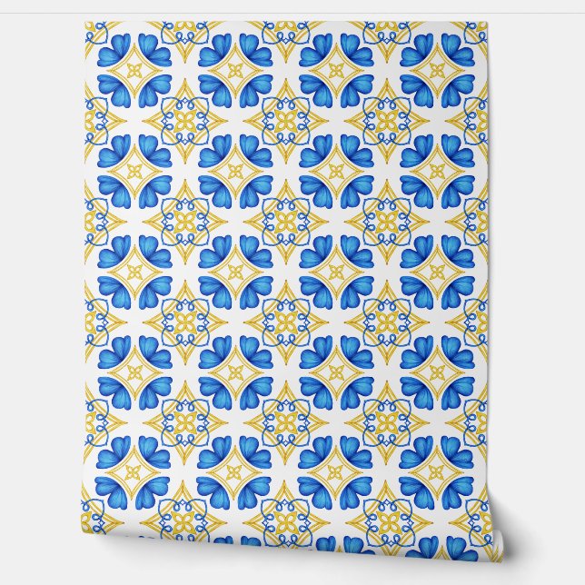 Papel Pintado Resumen de acuarela azul y amarillo moderno (Desenrollar)