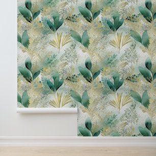 Papel Pintado Resumen de hojas florales de oro verde blanco