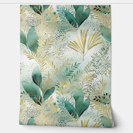 Papel Pintado Resumen de hojas florales de oro verde blanco