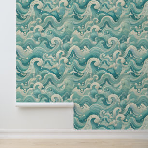 Papel Pintado Resumen de la ola azul y blanca de Aqua - Arte flu