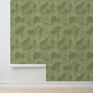 Papel Pintado Resumen de líneas orgánicas de arte en verde oliva