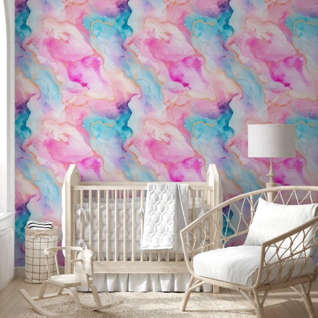 Papel Pintado Resumen de tinta de alcohol rosa azul pastel moder (Niños)