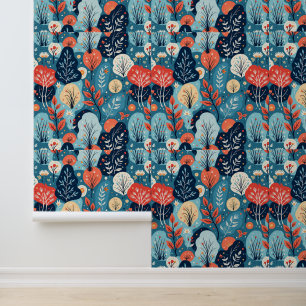 Papel Pintado Resumen del patrón botánico azul y coral