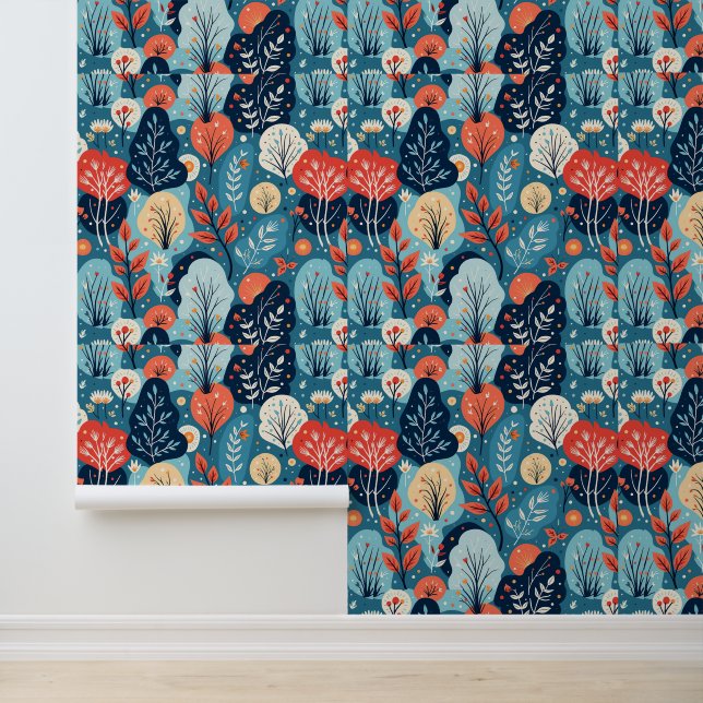 Papel Pintado Resumen del patrón botánico azul y coral (Solicitud)
