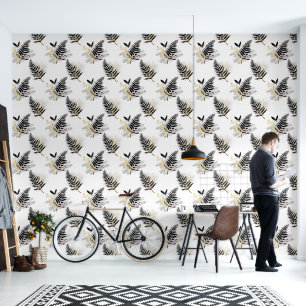 Papel Pintado Resumen del patrón de hojas de oro y plata negra