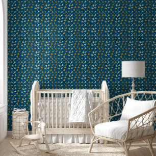 Papel Pintado Resumen floral de oro sobre fondo azul
