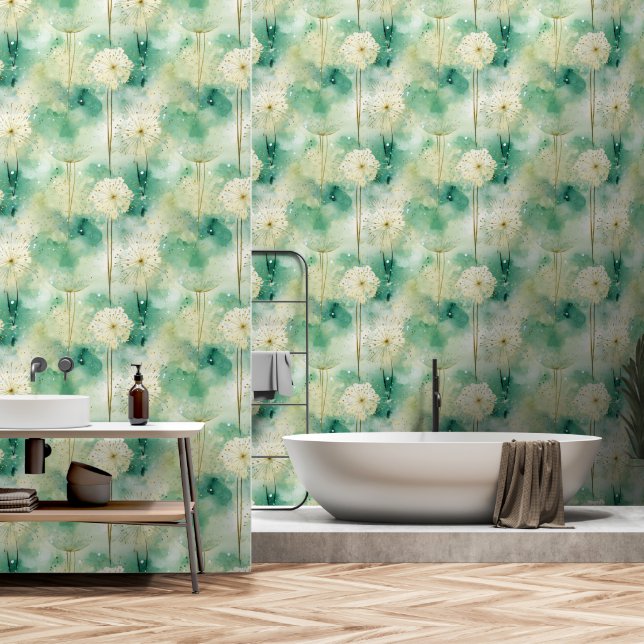 Papel Pintado Resumen Floral verde blanca (Baño)