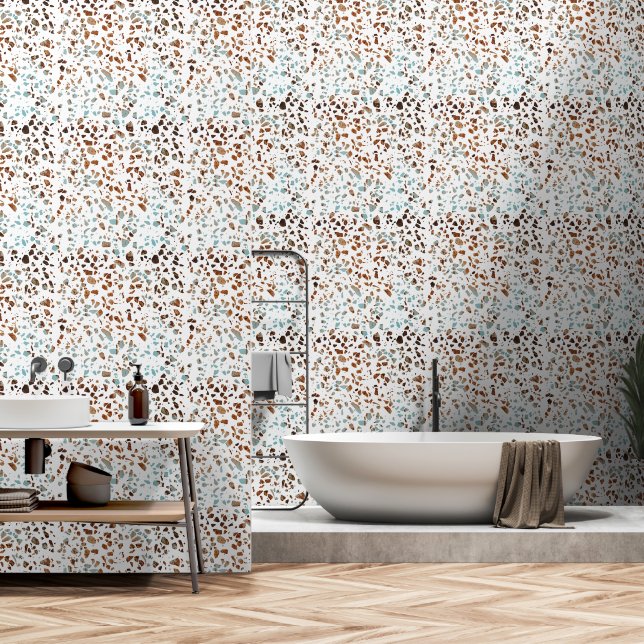 Papel Pintado Resumen Terrazzo Mosaic Rust Brown & Blue Pattern (Baño)