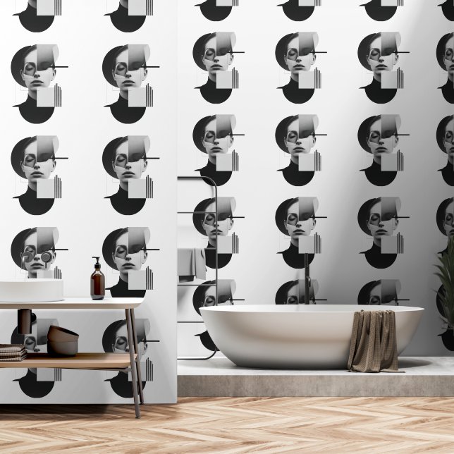 Papel Pintado Retrato etéreo fragmentado por arte geométrico (Baño)