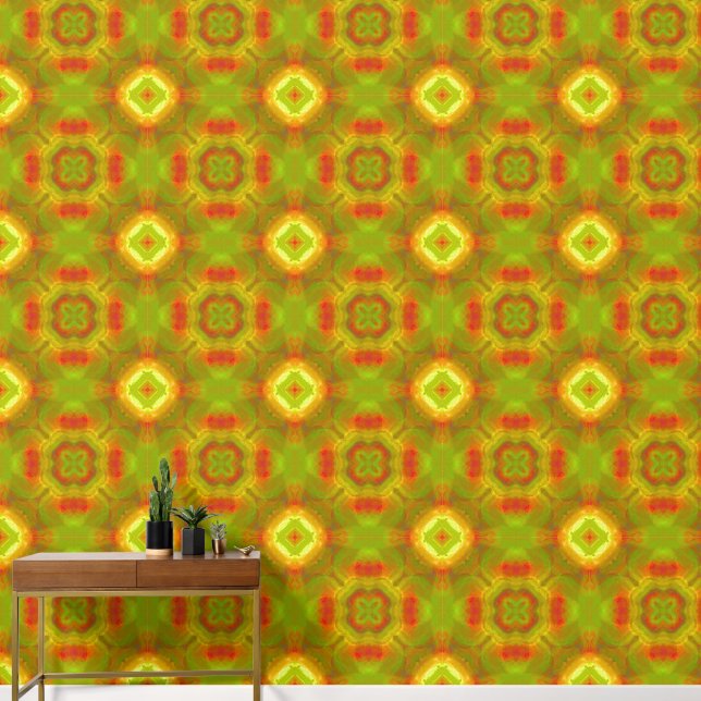 Papel Pintado Retro 1970 Patrón geométrico rojo, Naranja, verde (Pasillo)