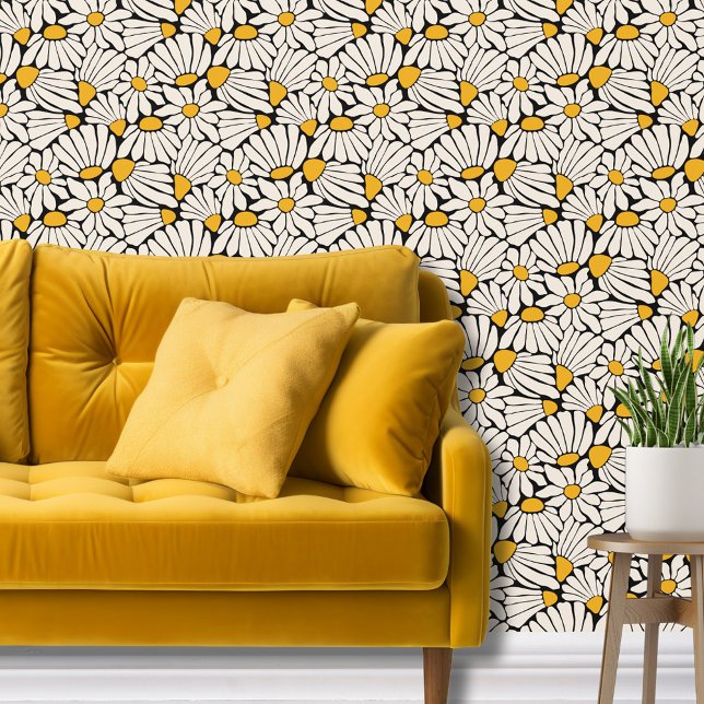 Papel Pintado Retro boho amarillo negro botánico abstracto flora (Modern block print daisy floral wallpaper with a retro vibe in black, mustard yellow and cream.)