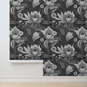 Papel Pintado Retro Boho Vintage Floral Escala de grises grande