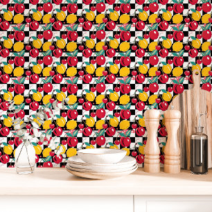 Papel Pintado Retro Cereza Limón A Cuadros