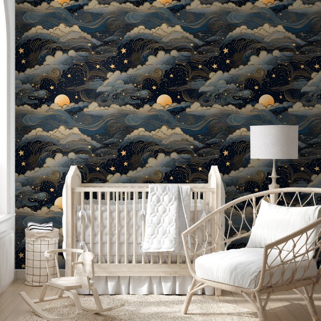 Papel Pintado Retro de luna azul (Niños)