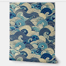 Papel Pintado Retro-Futuristic Abstract Wave - Navy & Cream