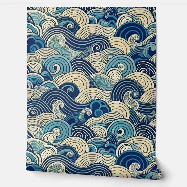 Papel Pintado Retro-Futuristic Abstract Wave - Navy & Cream (Desenrollar)