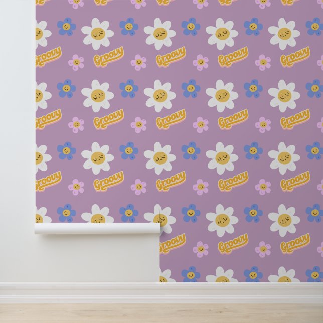 Papel Pintado Retro Groovy Floral Daisies morado hogar (Solicitud)