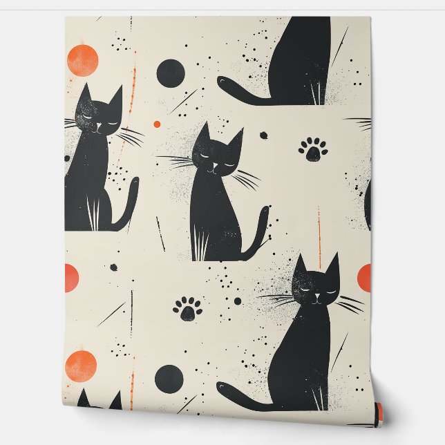 Papel Pintado Retro Mid Century Moderno gato negro extraíble (Desenrollar)
