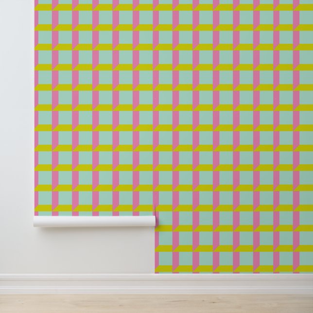 Papel Pintado Retro Mint Green Pink Pastel Geométrico Op Art (Solicitud)