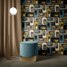 Papel Pintado Retro Mod Ovals Blue Brown Mustard Beige Black