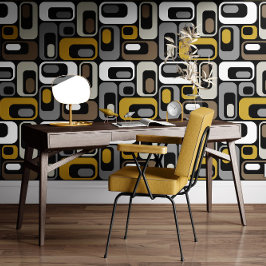 Papel Pintado Retro Mod Ovals Mustard Beige Taupe Grey Black 