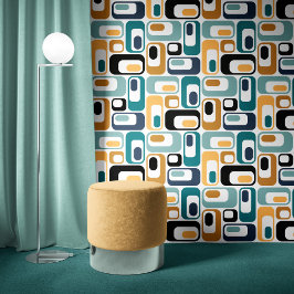 Papel Pintado Retro Mod Ovals Mustard Verde azulado Aqua Blue Wh