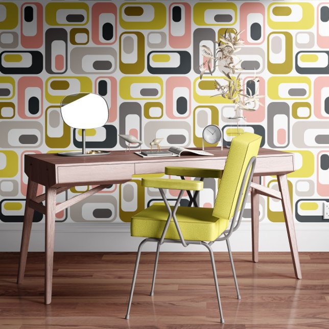 Papel Pintado Retro Mod Ovals Mustard Yellow Pink Grey Beige (Subido por el creador)