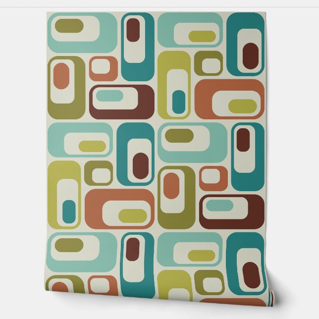 Papel Pintado Retro Mod Ovals Pillow Beige Aqua Verde Marrón (Desenrollar)