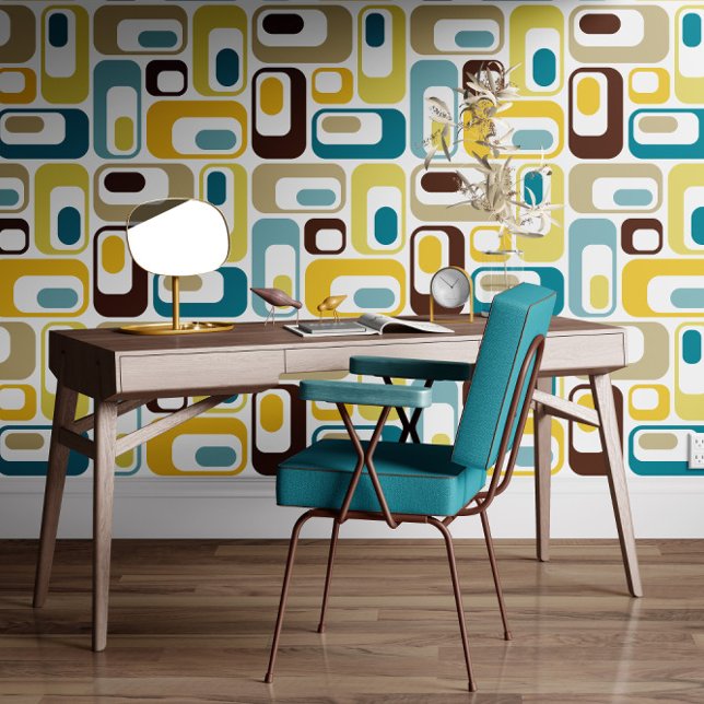 Papel Pintado Retro Mod Ovals Teal Blue Brown Mustard Yellow (Subido por el creador)