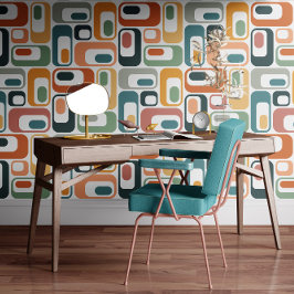 Papel Pintado Retro Mod Ovals Teal Sage Rust Orange Pink Grey