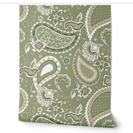 Papel Pintado Retro Mod Paisley Oliva Verde Salvia Beige