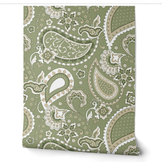 Papel Pintado Retro Mod Paisley Oliva Verde Salvia Beige