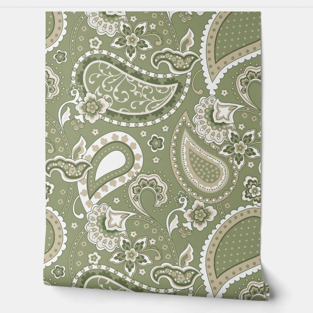 Papel Pintado Retro Mod Paisley Olive Sage Green Beige (Desenrollar)