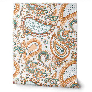 Papel Pintado Retro Mod Paisley Verde Salvia Melocotón Óxido Nar