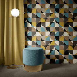 Papel Pintado Retro Mod Squares Blue Brown Mustard Beige Black