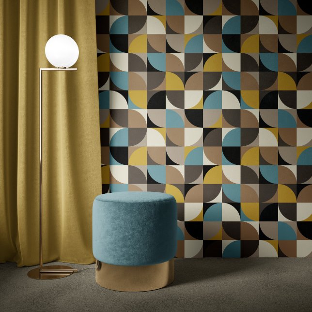 Papel Pintado Retro Mod Squares Blue Brown Mustard Beige Black (Subido por el creador)