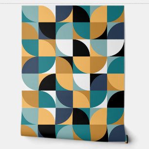 Papel Pintado Retro Mod Squares Mustard Verde azulado Aqua Blue