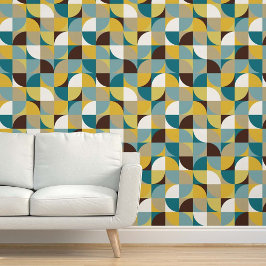 Papel Pintado Retro Mod Squares Teal Blue Brown Mustard Yellow